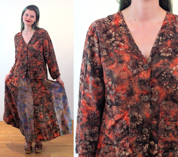 90s Indonesia Batik Dress S M, Vintage Orange Ray… - image 1