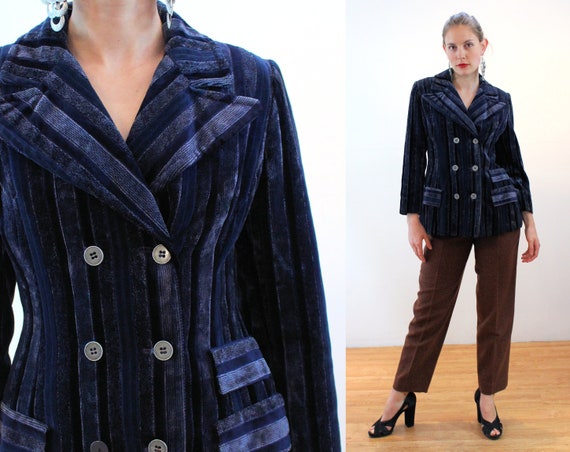 60s Blue Striped Velvet Blazer M, Mod Vintage Carn