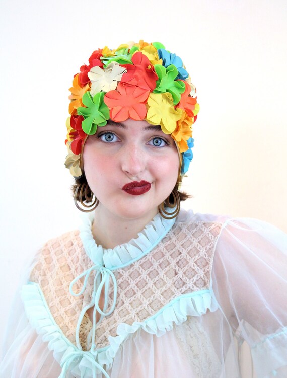 Y2K Retro Swim Cap, Rainbow Flower Petal Rubber Be