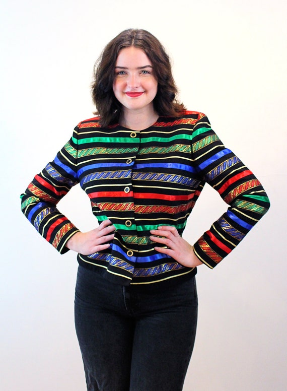 80s Metallic Rainbow Stripe Jacket M, Vintage Dea… - image 5