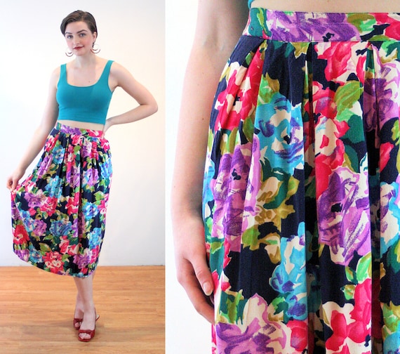 80s Colorful Floral Skirt S, Vintage Bright Rayon… - image 1