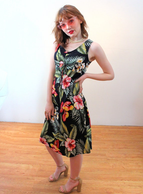 90s "Hilo Hattie" Hawaiian Dress XS, Vintage Blac… - image 2