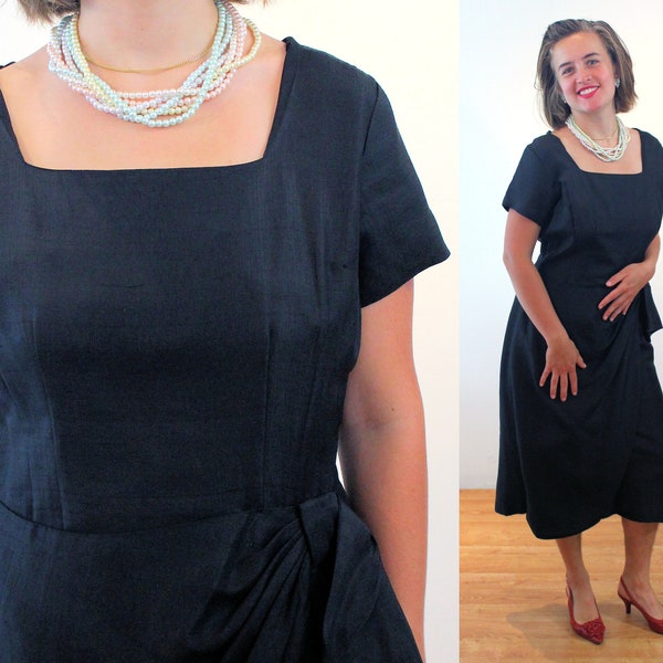 50s Black Silk Crepe Cocktail Dress M, Vintage 1950s Swag Hip Bow Square Neck, Medium