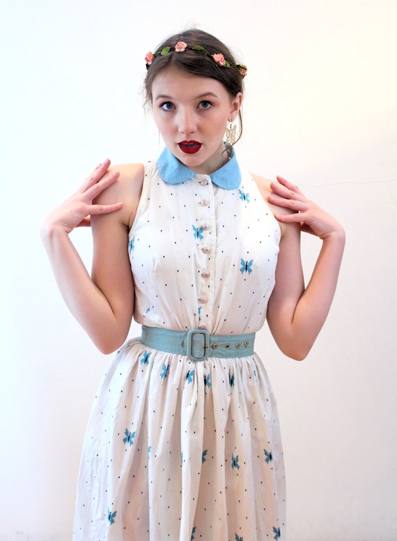 50s Embroidered Butterfly Dress XS, Vintage White… - image 5