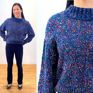 90s Rainbow Flecked Sweater S, Vintage Blue Multi Color "Express Tricot" France Soft Cozy Chenille Mock Neck Pullover Jumper, Small