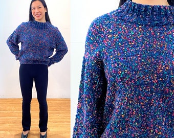 90s Rainbow Flecked Sweater S, Vintage Blue Multi Color "Express Tricot" France Soft Cozy Chenille Mock Neck Pullover Jumper, Small