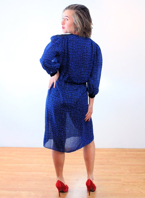 70s Geometric Print Chiffon Dress M, Vintage Dark… - image 3