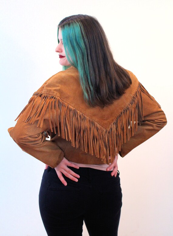 80s Suede Fringed Jacket M, Vintage Brown Western… - image 3