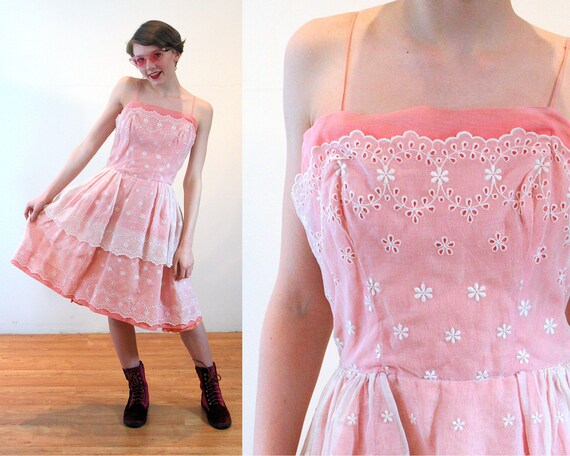 60s Pink Lace Party Dress XS, Vintage Eyelet Will