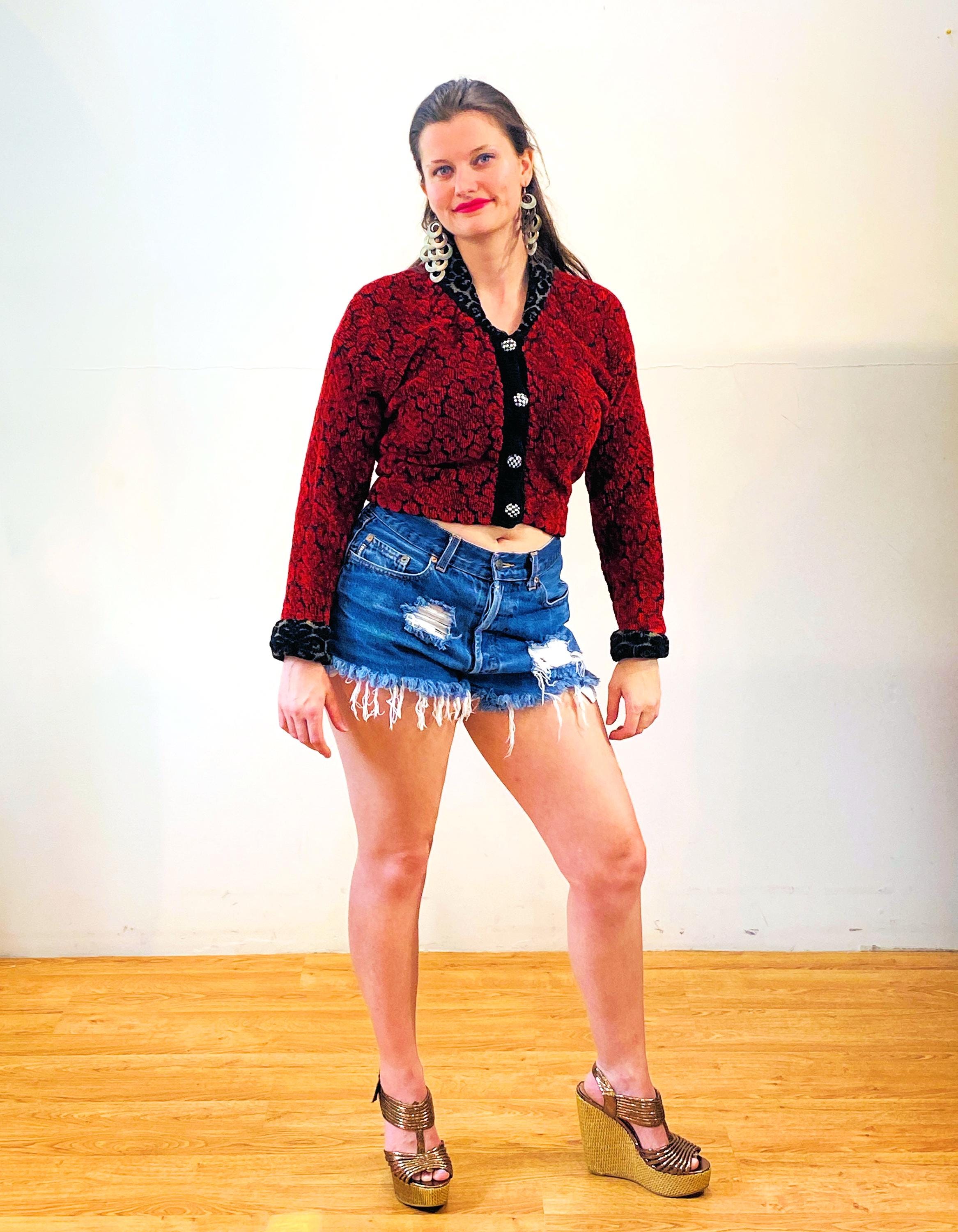 90s DIA Red Chenille Cardigan S, Vintage 1999 Geometric Artisan