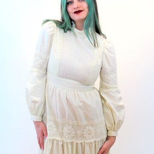70s GUNNE SAX Prairie Dress S, Vintage Cream Crochet Lace Boho Hippie Peasant Maxi Victorian Cottagecore Wedding Gown, Small