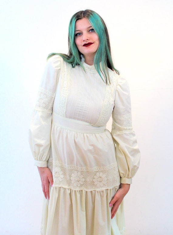 70s GUNNE SAX Prairie Dress S, Vintage Cream Crochet … - Gem