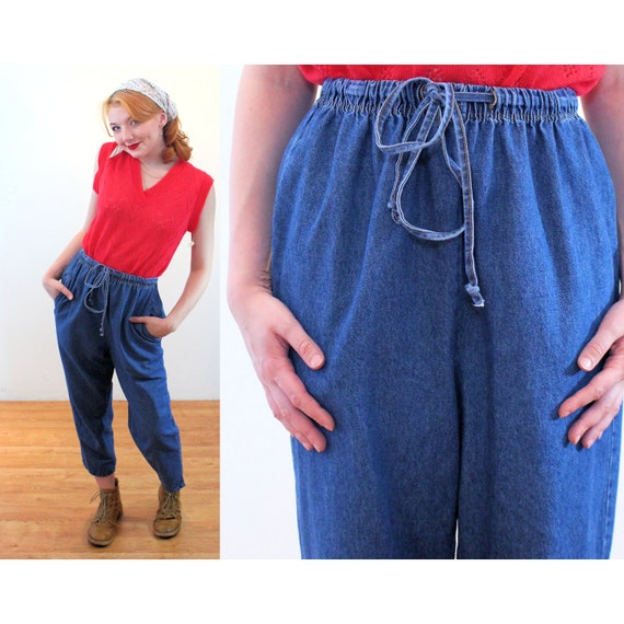 80s Drawstring Waist Jeans S M, Vintage Blue Cotton better Than Basic Baggy  Retro Boho Denim Harem Pants, Small Medium 