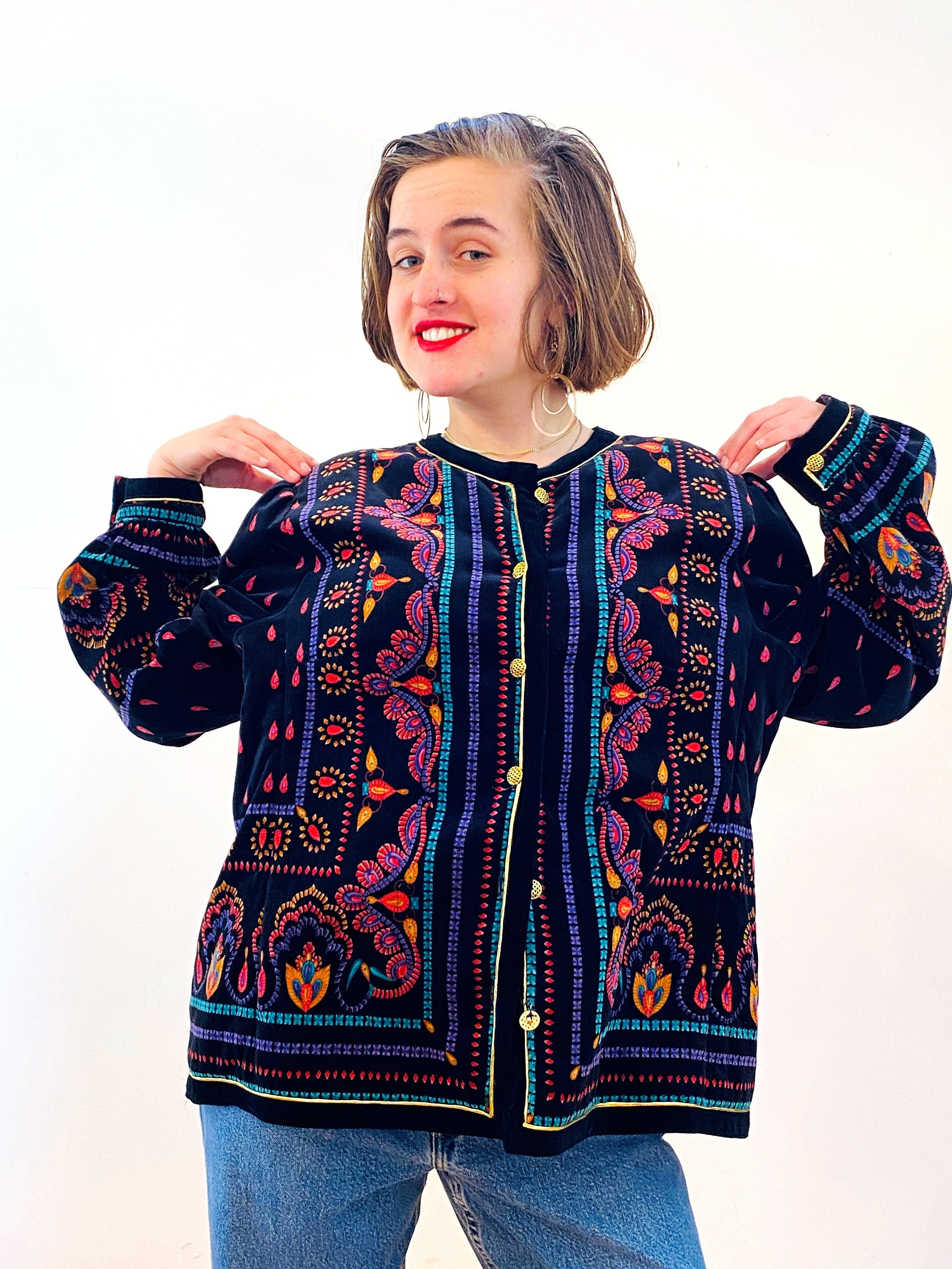 70s vintage ベロアジャケット 70s Colorful Velvet Jacket L, Vintage Black Jeweltone