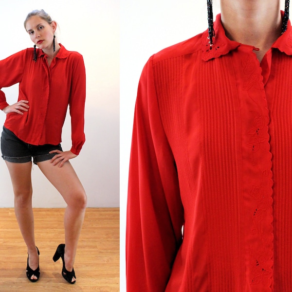 80s Red Chiffon Blouse M, Vintage Eyelet Details Pleated Pintucks "Susan Hutton" Silky Button Up Red Shirt, Medium