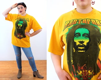 90s Bob Marley T-Shirt XXL, Vintage Yellow Orange Green Reggae Distressed Rastafari Music Icon Graphic Tee, 2XL