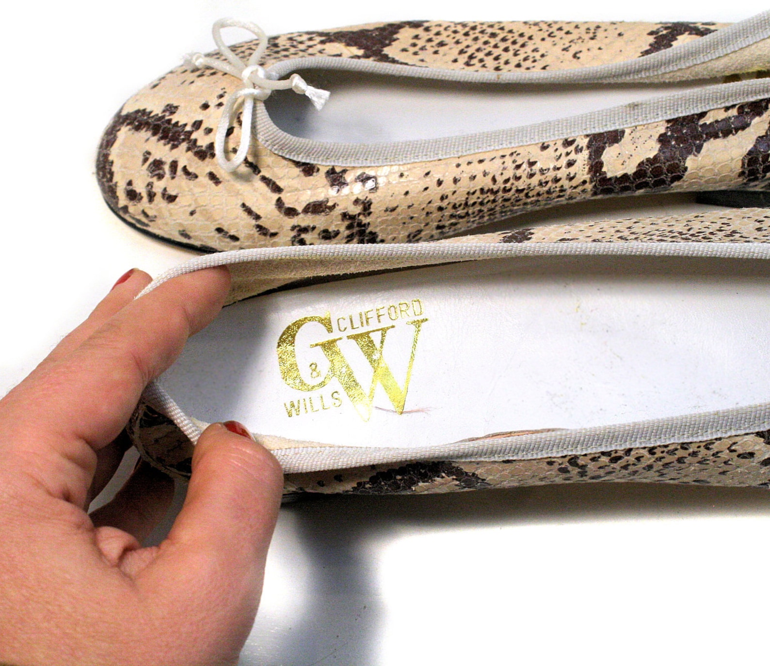 90s snakeskin flats size 10, unworn vintage reptile clifford and wills snake leather tan brown italy ballet slip on shoes