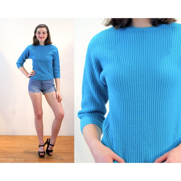 80s Blue Tiny Fit Sweater XXS, Vintage Simple Crew Neck Plain "Kristina" Basic Ribbed Knit Pullover Jumper, Youth Small, Women's Extra Small