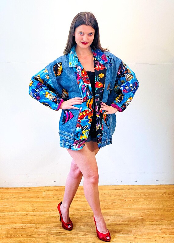80s Patchwork Fish Print Coat L XL, Vintage Handmade Denim Upcycle