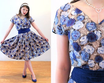 50s Floral Party Dress XS, Vintage Blue Satin Two Piece Outfit Blouse Full Skirt and Velvet Cummerbund, Extra Small