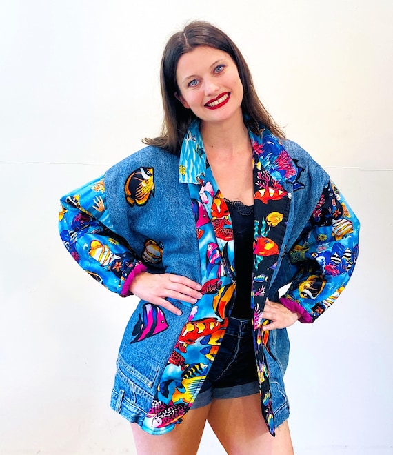 80s Patchwork Fish Print Coat L XL, Vintage Handmade Denim Upcycle