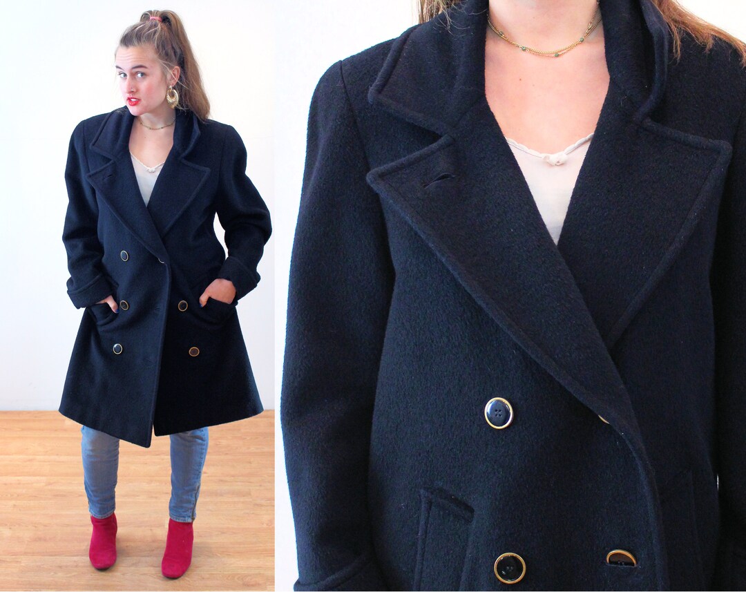 80s Black Mohair Wool Coat M Vintage Double Breasted Winter Etsy