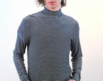 Y2K GAP Listrado Gola Alta XL, Vintage Mod Beatnik Soft Preto Branco Bainha Alface Manga Longa Unissex Minimalista Pulôver Camisa, Extra Grande