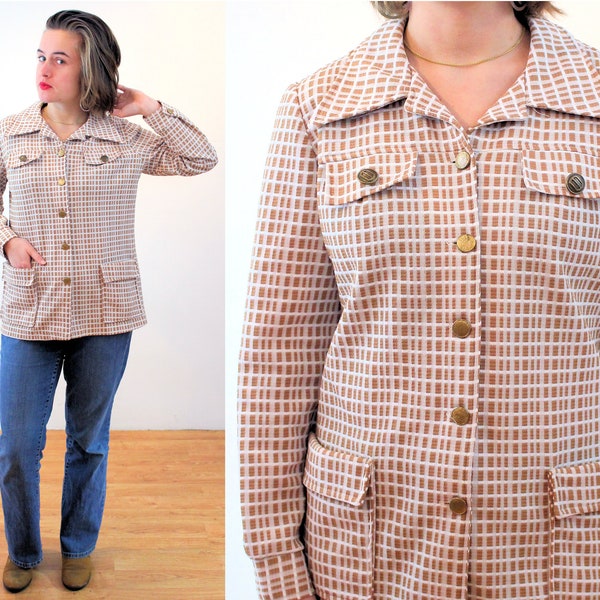 70s Mod Checkered Blazer M, Vintage Tan White Grid Weave Double Knit Retro 1970s Hipster Leisure Jacket, Medium