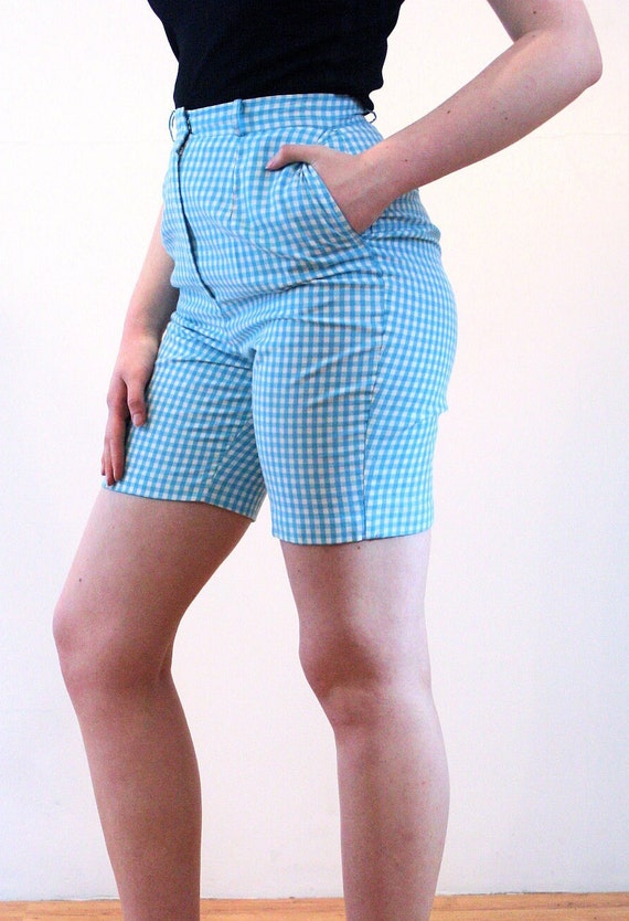 60s Blue Gingham Shorts S, Vintage Turquoise Chec… - image 4