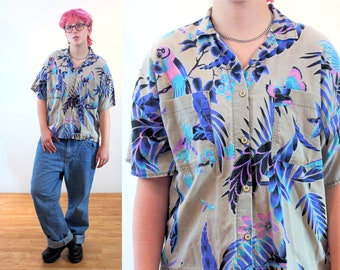 80s Parrot Print Aloha Shirt M L, Vintage Purple Beige Tropical Retro Unisex Summer Button Up Hawaiian Blouse, Medium Large