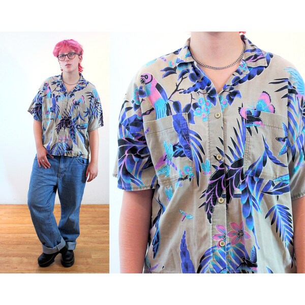 80s Parrot Print Aloha Shirt M L, Vintage Purple Beige Tropical Retro Unisex Summer Button Up Hawaiian Blouse, Medium Large