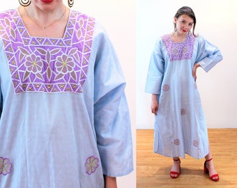 90s Applique Caftan Dress S, Vintage Light Blue Purple Metallic Gold "Hamza" Moroccan Boho MuuMuu Gown, Small