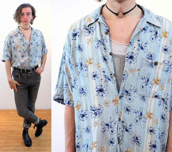 Y2K Silk Aloha Shirt L XL, Vintage Blue Washable … - image 1