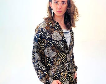 90s Silk Leopard Print Blouse L XL, Vintage Jessica Holbrook