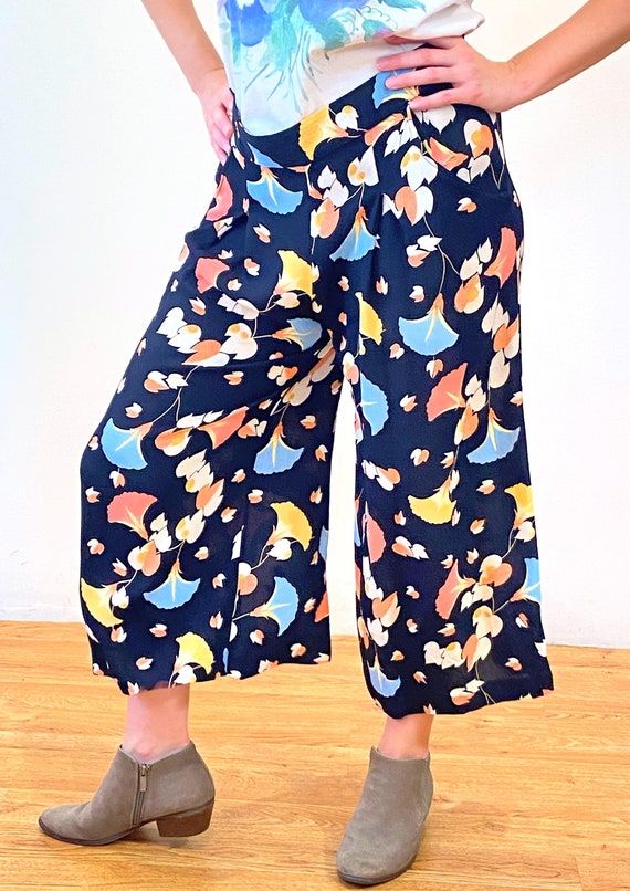 90s Floral Wide Leg Pants M, Vintage Palazzo Black Peach Blue