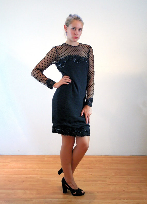 80s NOS Designer Party Dress S, Vintage Black Lac… - image 2
