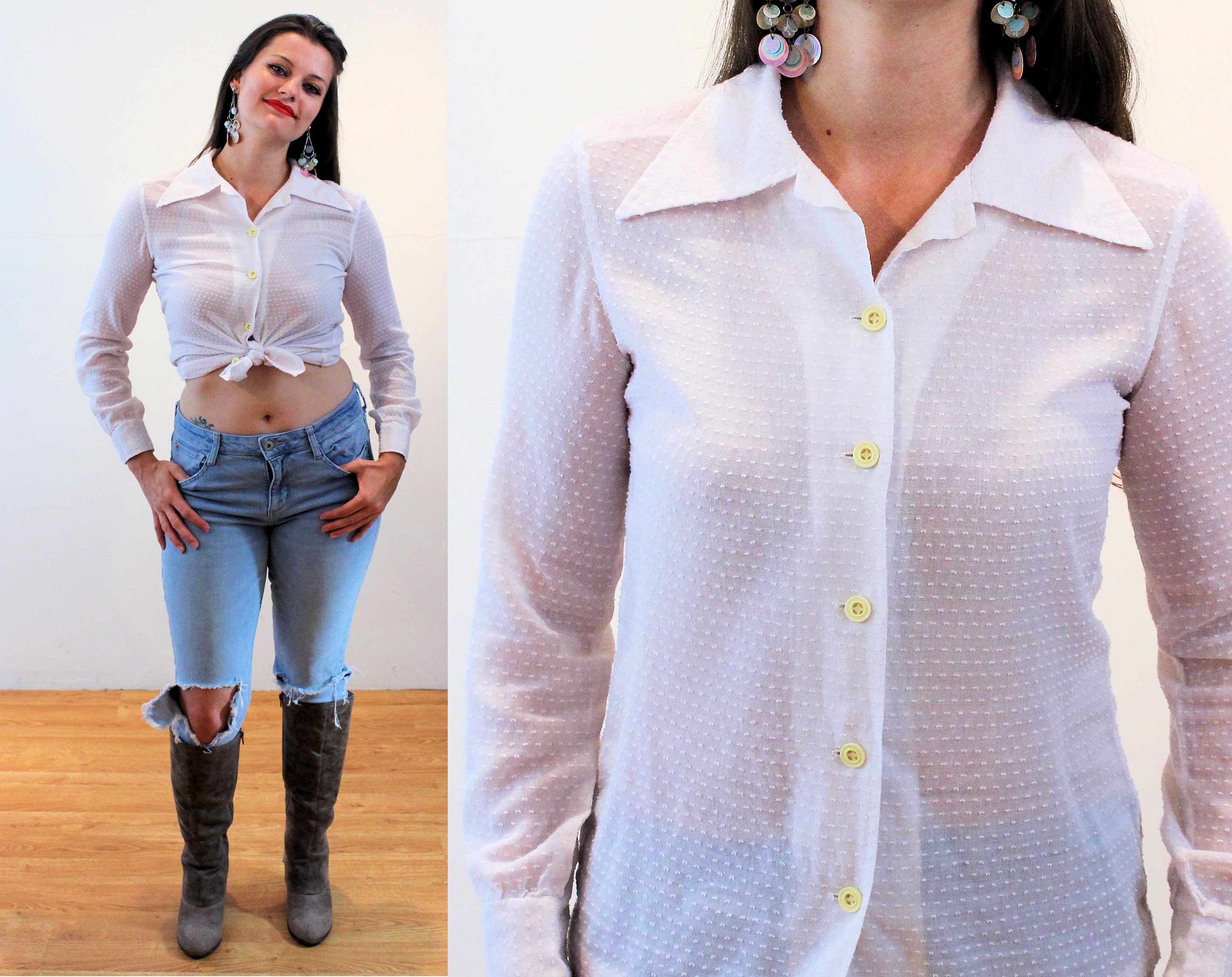 70s Dotted Swiss White Blouse S Vintage 