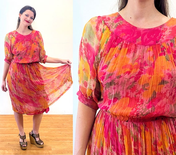 90s Vibrant Chiffon Dress S, Vintage Orange Pink … - image 1