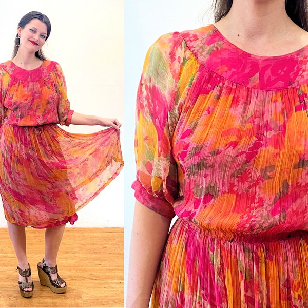 90s Vibrant Chiffon Dress S, Vintage Orange Pink Green India Sheer Gauze Summer Boho Blouson Elastic Waist Midi, Possibly Phool, Small