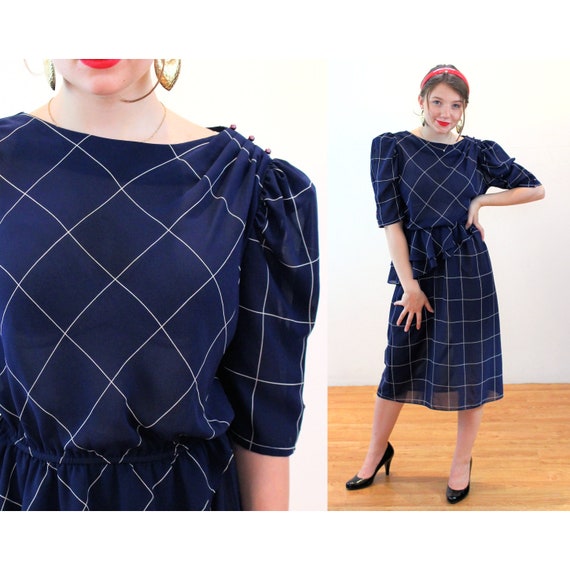 80s Plaid Peplum Dress S, Vintage Navy Blue Semi … - image 1