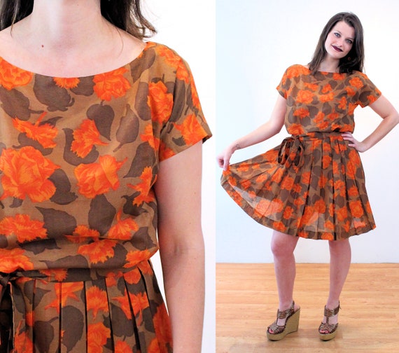 60s Autumn Floral Dress S, Vintage Orange Brown P… - image 1
