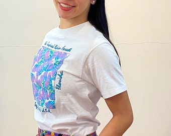 USA古着©1998年butterflies print T-shirt art 80s Butterfly World T-shirt S, Vintage White Teal Pink 100