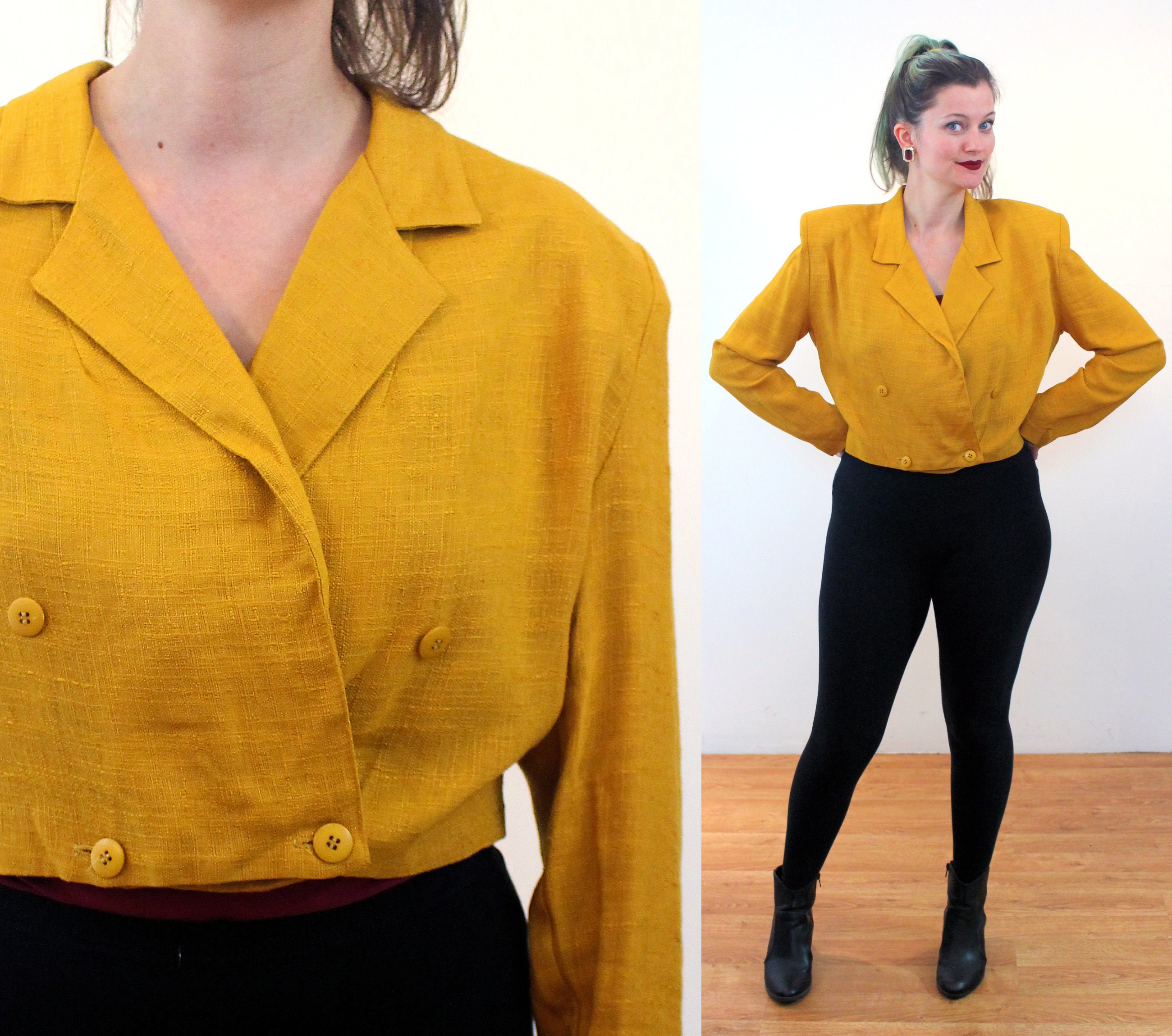 80s Mustard Yellow Linen Jacket M, Vintage Cropped Colorful Boxy
