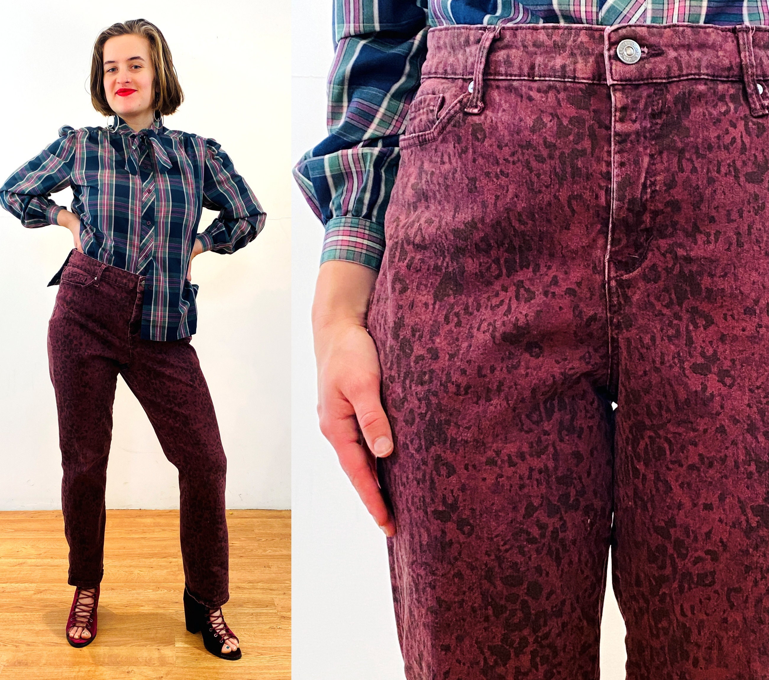 vintage セットアップ　バーガンディ Y2K Red Leopard Print Gloria Vanderbilt Jeans 34 X 28