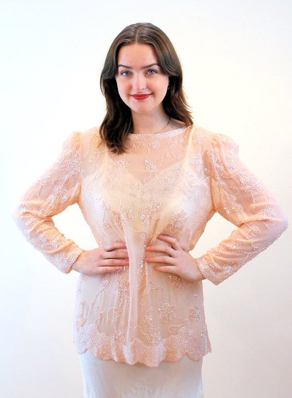 80s Beaded "Swee Lo" Top L, Vintage Pink Pastel S… - image 5