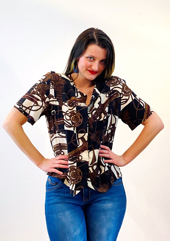 80s Baroque Print Blouse M, Vintage Brown Black E… - image 5