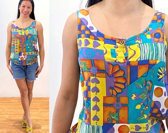 90s Patchwork Colorful Tank S, Vintage Teal Yellow Multicolor Mixed Print Rayon "Styles to Go" Funky Sleeveless Summer Top, Fits like Small