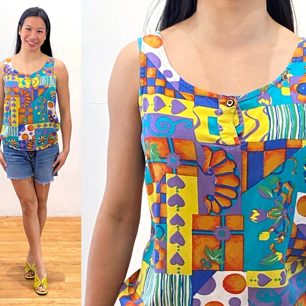 90s Patchwork Colorful Tank S, Vintage Teal Yellow Multicolor Mixed Print Rayon "Styles to Go" Funky Sleeveless Summer Top, Fits like Small