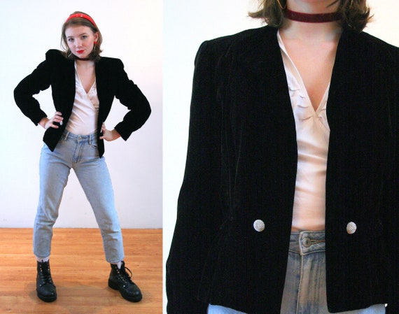1940s Black Velvet Jacket S, Elegant Vintage 40s "