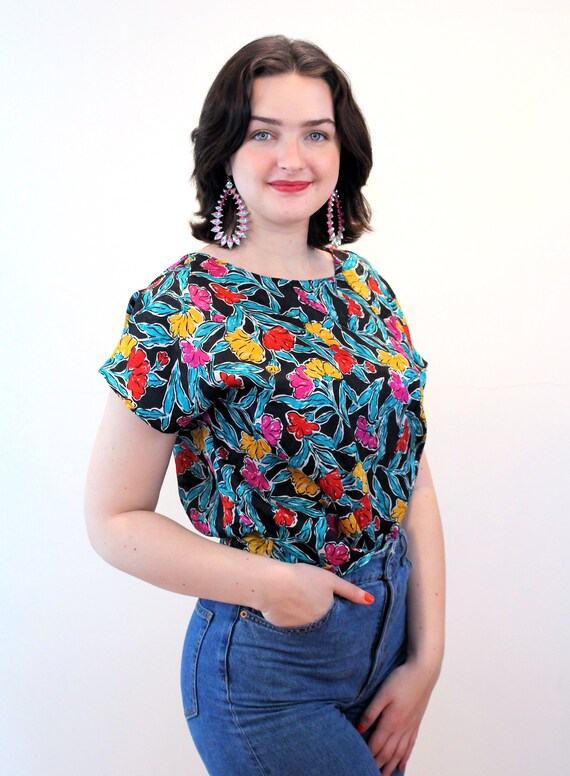 80s Jewel Tone Floral Top M, Vintage Black Pink T… - image 2